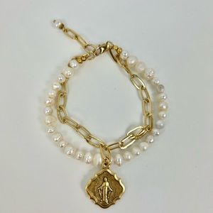Handmade Mary Medal Pearl gold paper clip chain layered bracelet